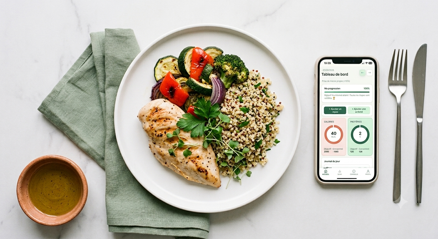 Repas équilibré avec suivi nutritionnel sur smartphone